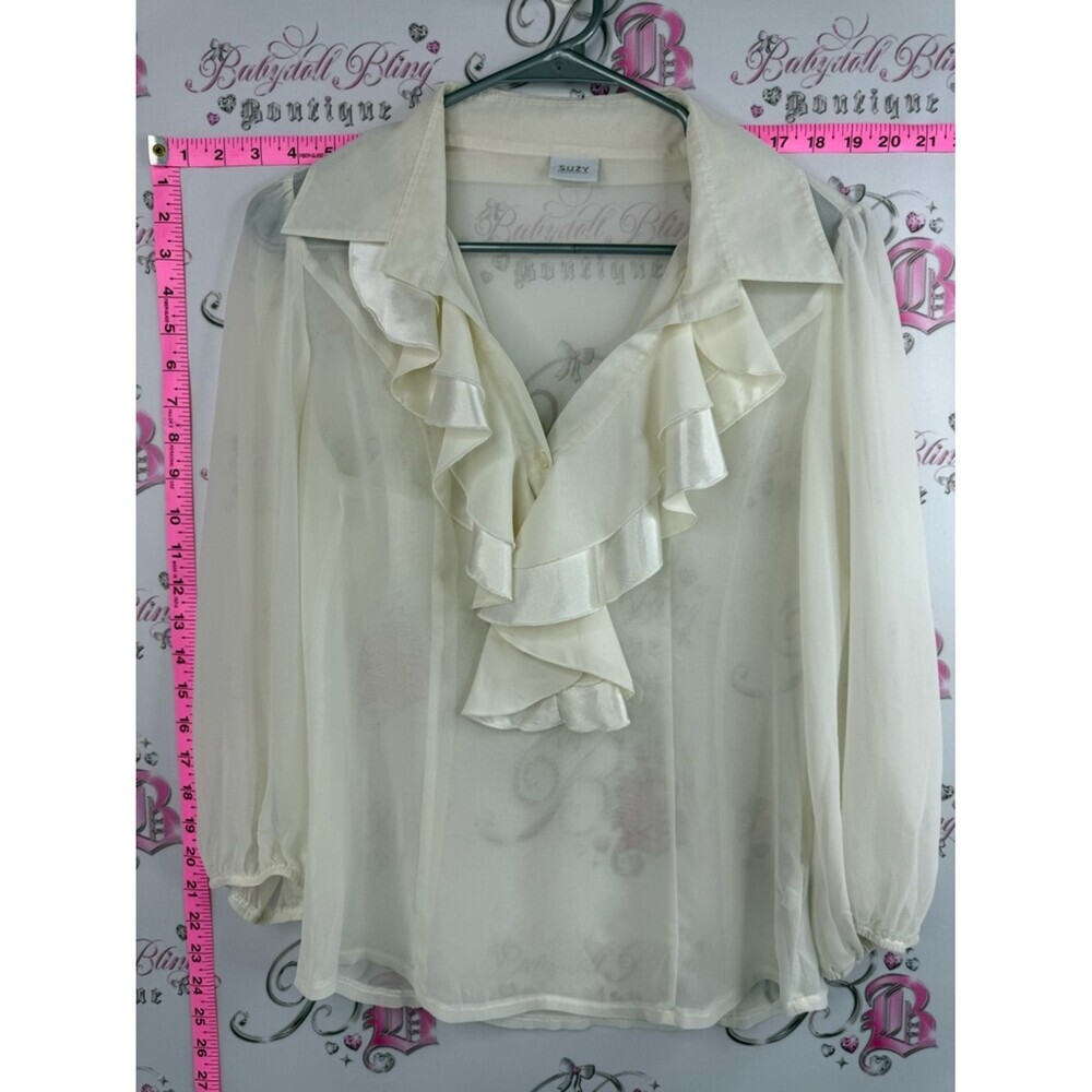 Suzy Shier blouse ruffles frilly Cream Ruffle V-Neck Sheer Blouse